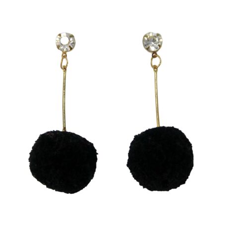 Black Diamante Drop Pom Earrings