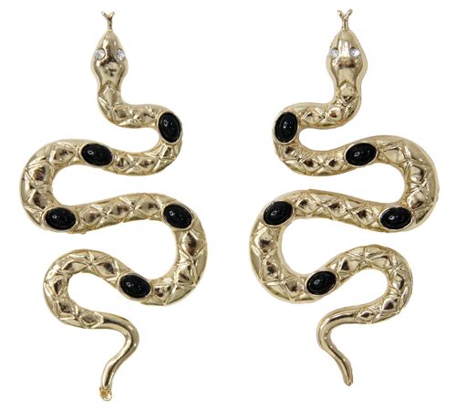 Gold Snake Earrings with Black Stone Embellishment