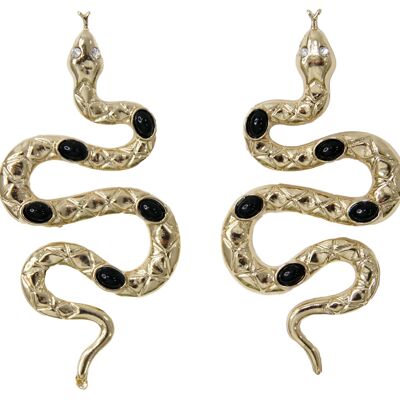 Gold Snake Earrings with Black Stone Embellishment