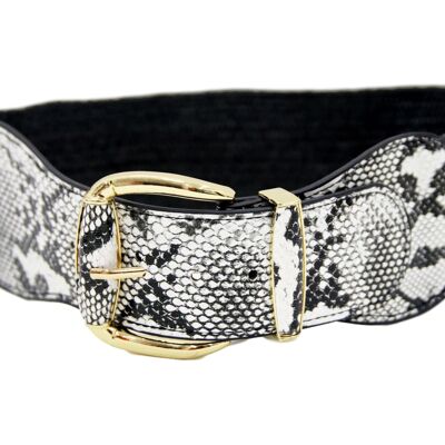 Black And White PU And Elastane Snakeskin Belt