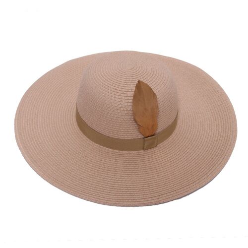 Pink Straw Hat with Metallic Feather