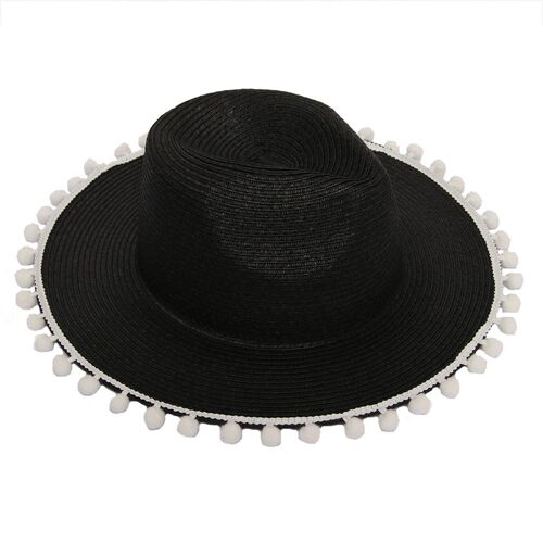 Black Straw Hat with Pom Detail