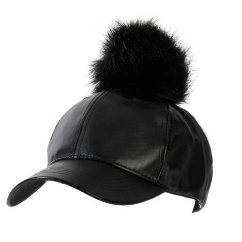 Black Pom PU Cap