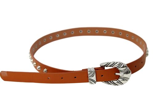 Tan Studded Belt With Decorative Buckle