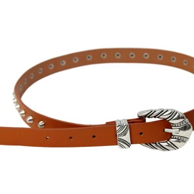 Tan Studded Belt With Decorative Buckle
