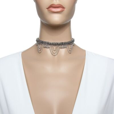 Silver Metal Choker with Metal Chain and Bead Detail