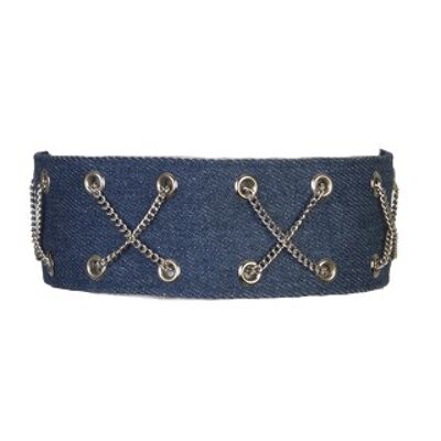 Denim Choker with Metal Chains & Eyelets