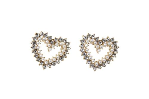 Gold Diamante and Pearl Heart Stud Earrings