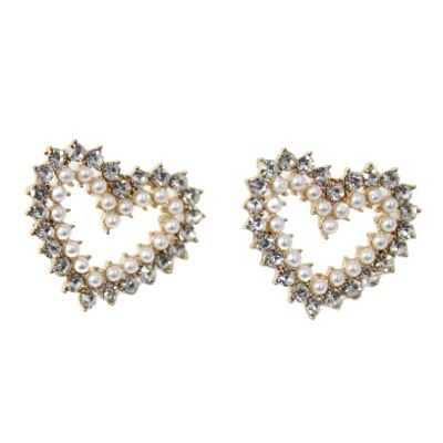 Gold Diamante and Pearl Heart Stud Earrings