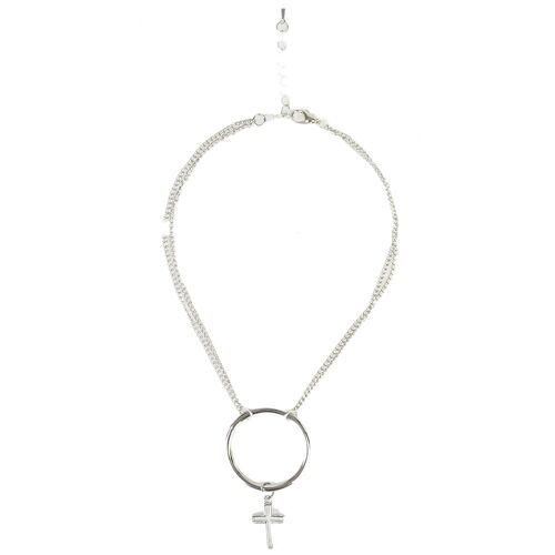 Silver Double Chain Necklace with Open Circle and Cross Pendant