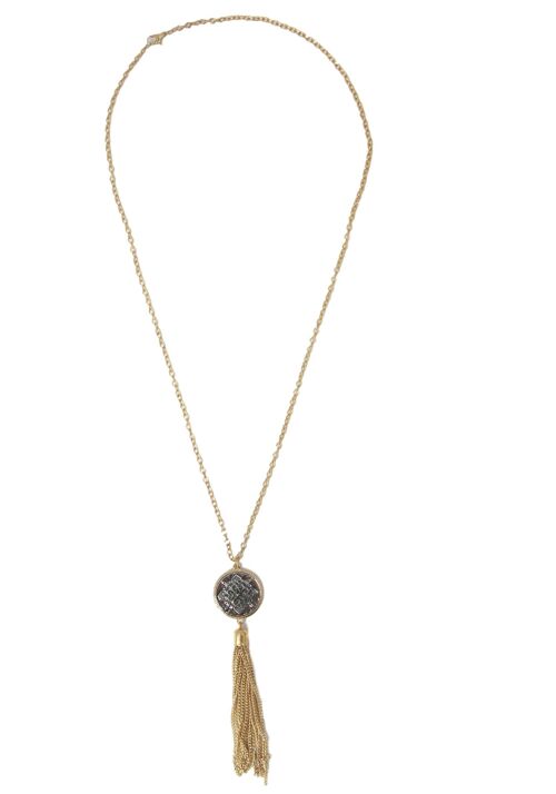 Long & Thin Chain Necklace with Stone Pendant and Chain Tassel