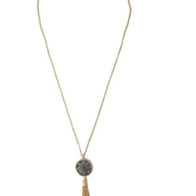 Long & Thin Chain Necklace with Stone Pendant and Chain Tassel
