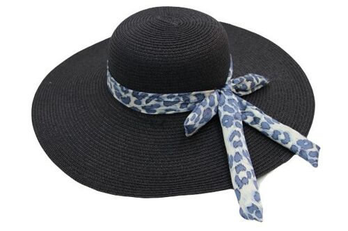 Black Straw Floppy Hat with Leopard Print Tie Bow Band