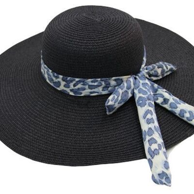 Black Straw Floppy Hat with Leopard Print Tie Bow Band