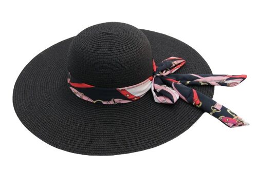 Black Straw Floppy Hat With Chain Print Tie Bow Band