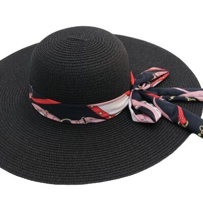 Black Straw Floppy Hat With Chain Print Tie Bow Band
