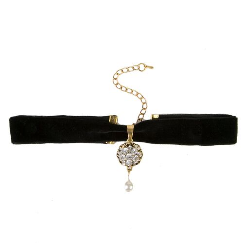 Black Velvet Choker with a Diamante Embellished Pendant with Hanging Pearl
