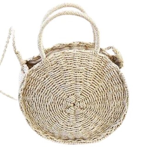 Cream Round Straw Bag with Short and Long Handles