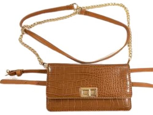 Tan Rectangle Croc Bag with Chain and Belt