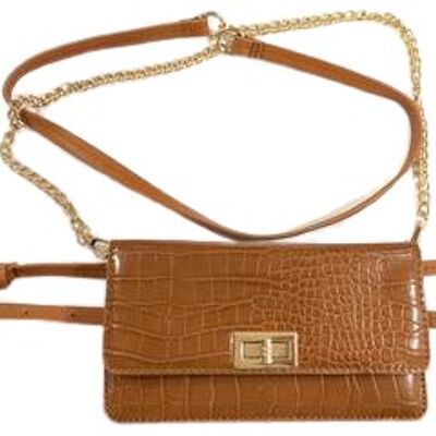 Tan Rectangle Croc Bag with Chain and Belt