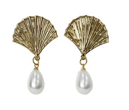 Gold Feather Shape & Pearl Earrings