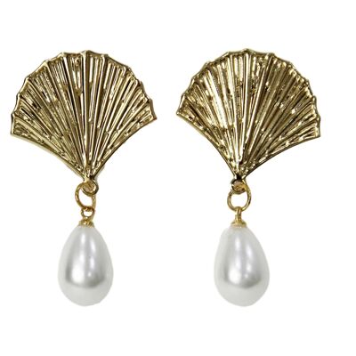 Gold Feather Shape & Pearl Earrings