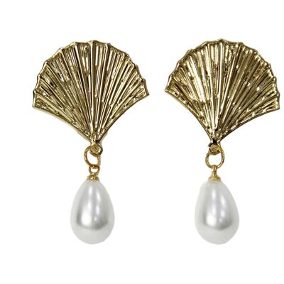 Gold Feather Shape & Pearl Earrings