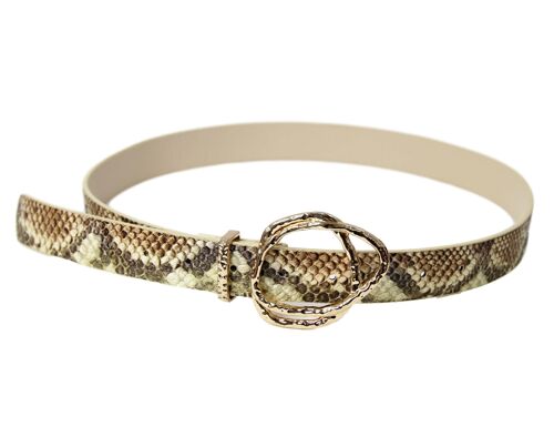 Brown Snake Print Belt With Double Gold Buckle
