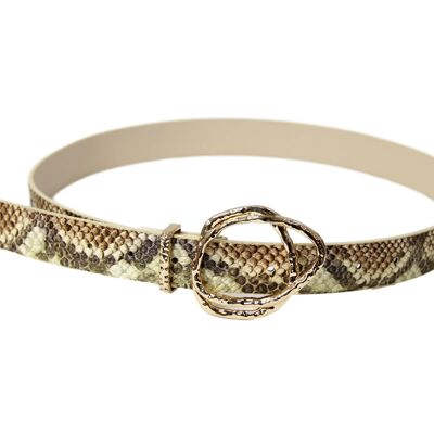 Brown Snake Print Belt With Double Gold Buckle