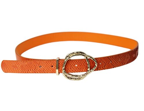 Orange Snake Print Belt With Double Gold Buckle