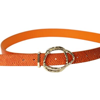 Orange Snake Print Belt With Double Gold Buckle