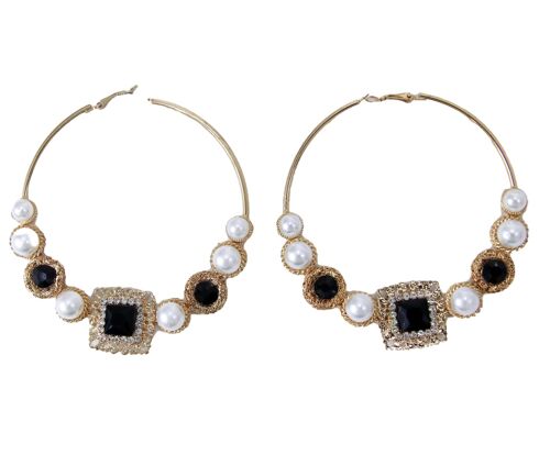 Gold and Black Circle Pearl Diamante Square Large Hoop Earrings