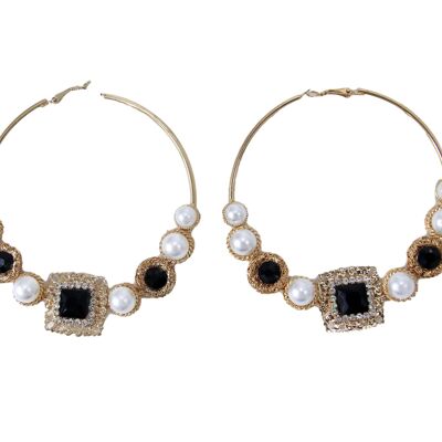 Gold and Black Circle Pearl Diamante Square Large Hoop Earrings