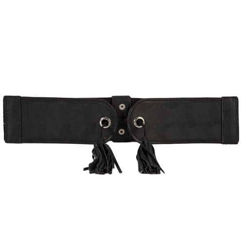Black PU Leather Elasticated Belt w/ Tassels