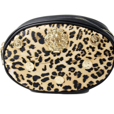 Leopard Print Belt Bag with Metal Lion and Coins Embellishment