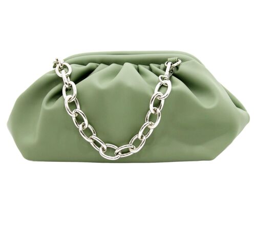 Light Khaki Gathered PU Bag with Chunky Chain Strap