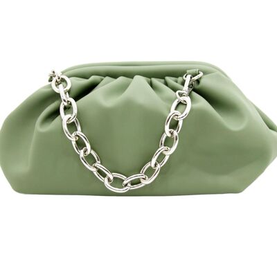 Light Khaki Gathered PU Bag with Chunky Chain Strap