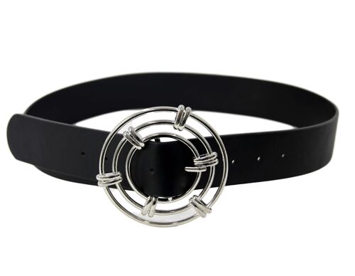 Silver Oversized Lined Circle Buckle PU Belted Circle Buckle PU Belt