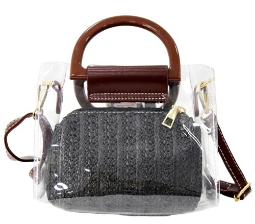 Black Straw and Clear Bag with Brown Handle