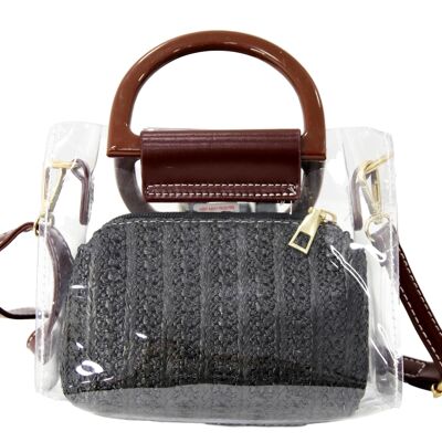 Black Straw and Clear Bag with Brown Handle