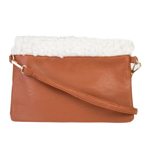 Brown Faux Leather Bag with Shearling Trim