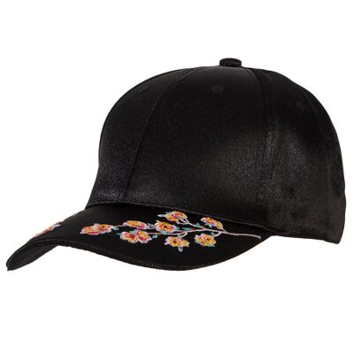 Black Silk Embroidered Floral Cap