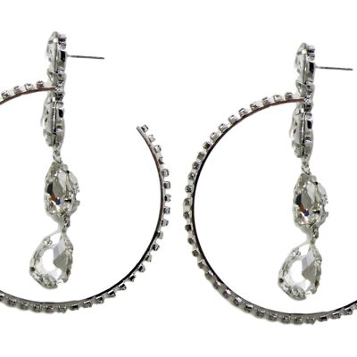 Silver Hoop Stone Drop Diamante Earrings