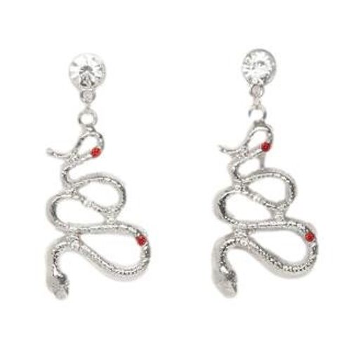 Silver Red Diamante Snake Earrings