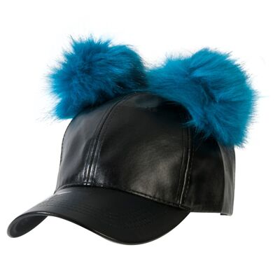 Blue Double Pom Black  PU Cap