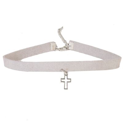 Grey Suede Choker With Cross Pendant
