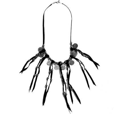 Suede Tassel Fringe Necklace with Coins and Beads