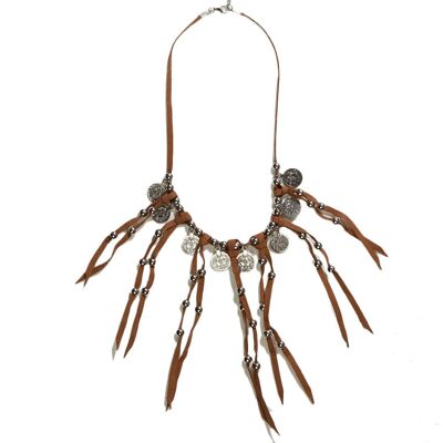 Brown Suede Tassel Fringe Necklace with Coins and Beads