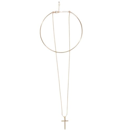 Rose Gold Thin Choker with Long Cross Necklace