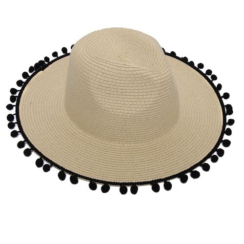 Cream Straw Hat with Pom Trim